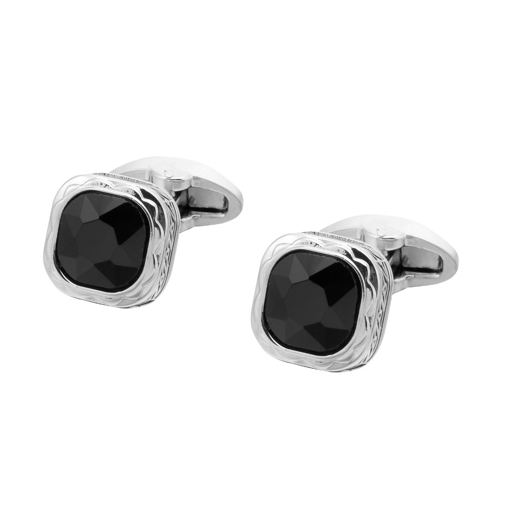 Dress Shirt French Cuff - 블랙 젬스톤 프렌치 커프스 링크스, 실버