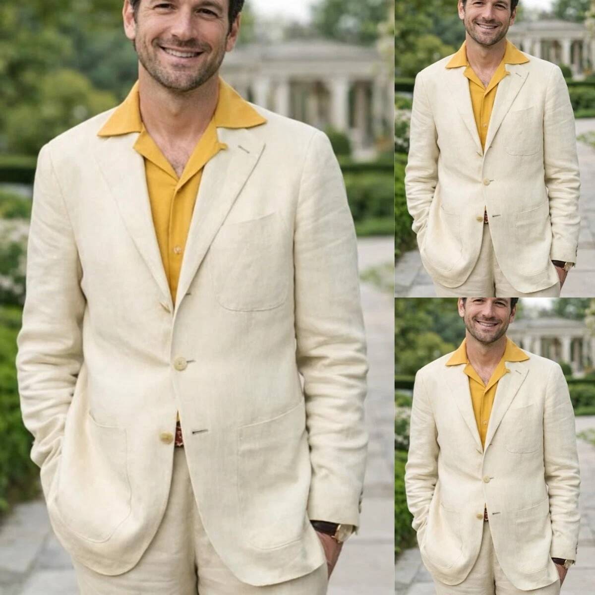 Men'S Relaxed Formal Wear - 베이지 리넨 2피스 남성 정장 프롬