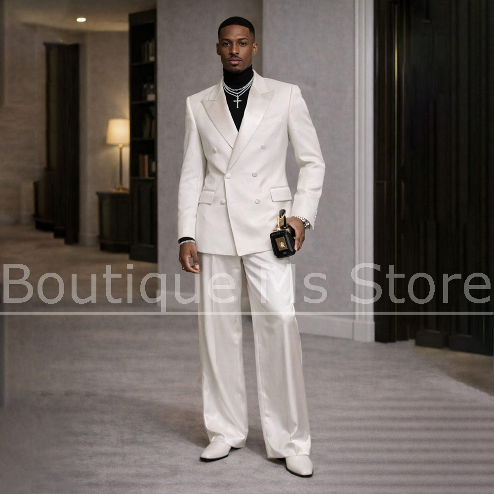 Men Formal Wear For Wedding - 남성용 화이트 새틴 수트 2피스 더블