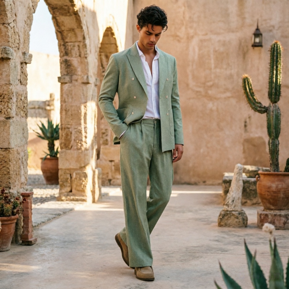 Men'S Relaxed Formal Wear - 세이지 그린 리넨 남성 정장, 편안한