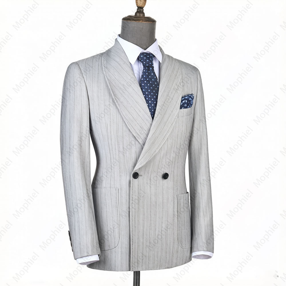 모피엘 라이트 그레이 남성 정장 스트라이프 더블 브레스 - Men Formal Wear For Wedding 리뷰 및 가격