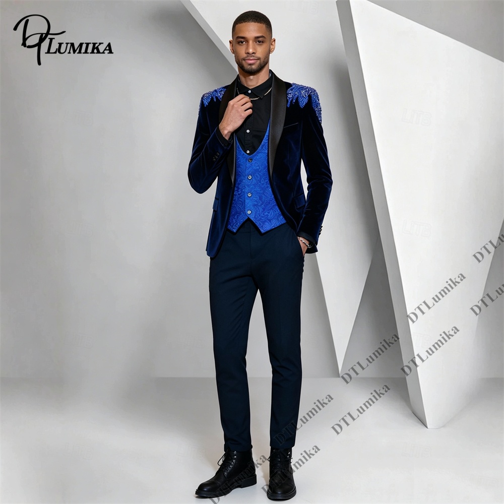 Peagent Men 3 피스 벨벳 슈트 블랙 새틴 라 - Men Formal Wear For Wedding 리뷰 및 가격