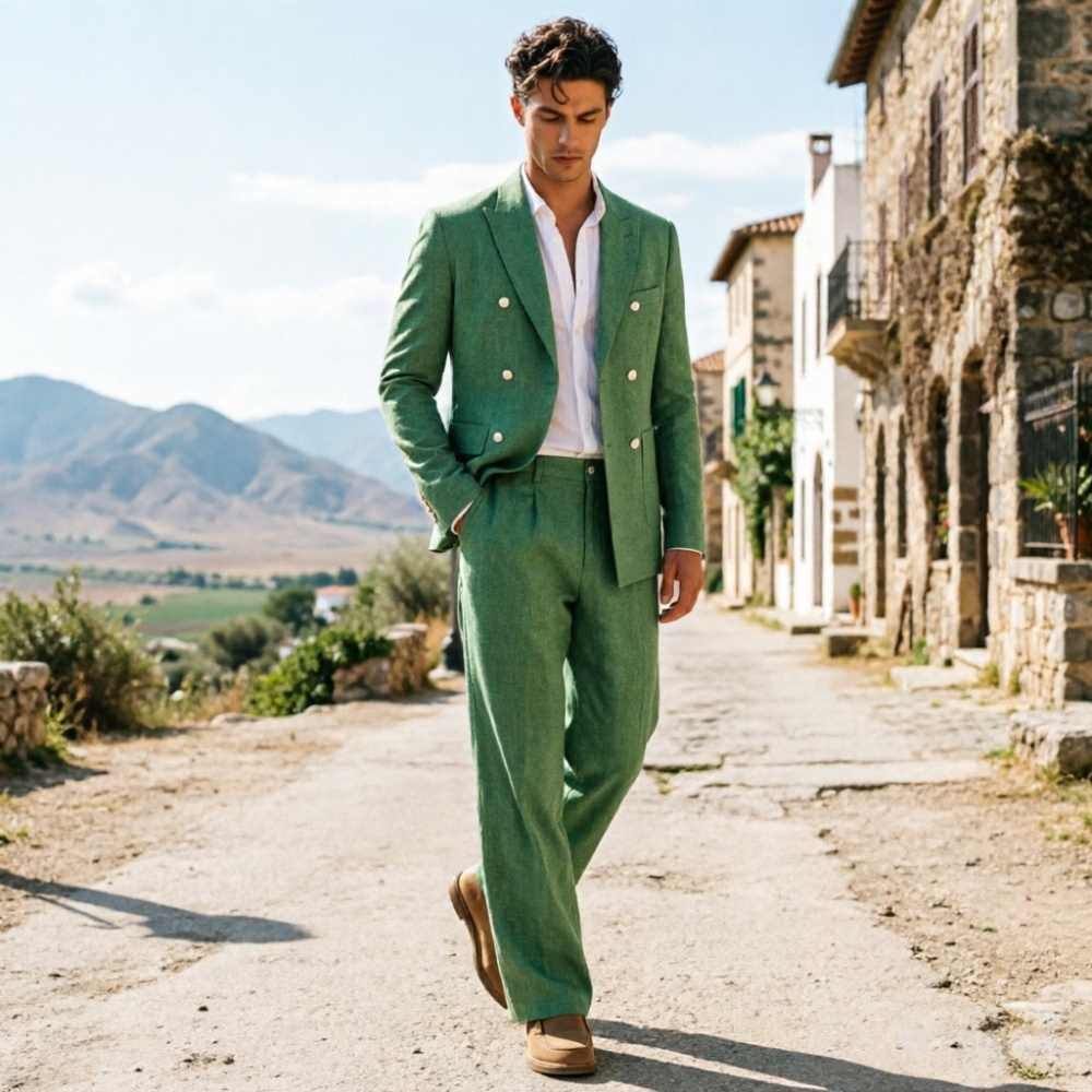 세이지 그린 리넨 남성 정장, 편안한 더블 브레스티드  - Men'S Relaxed Formal Wear 리뷰 및 가격